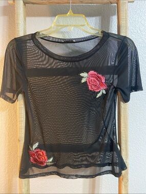 Black Sheer Short-Sleeve Tee with Red Rose Appliqués